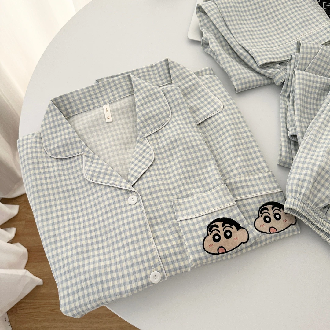 『情侣蓝格小新』短袖三件套夏季新款ins简约睡衣可外穿宽松居家服