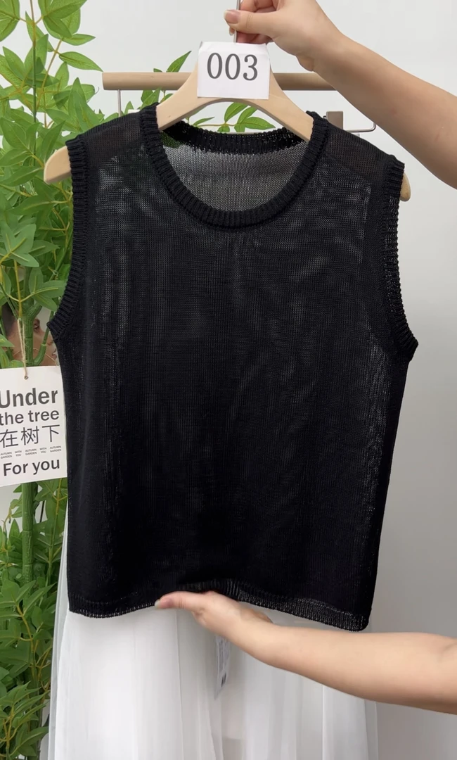 夏季新品圆领冰丝亚麻无袖背心简约显瘦针织衫女装透气清凉冰凉