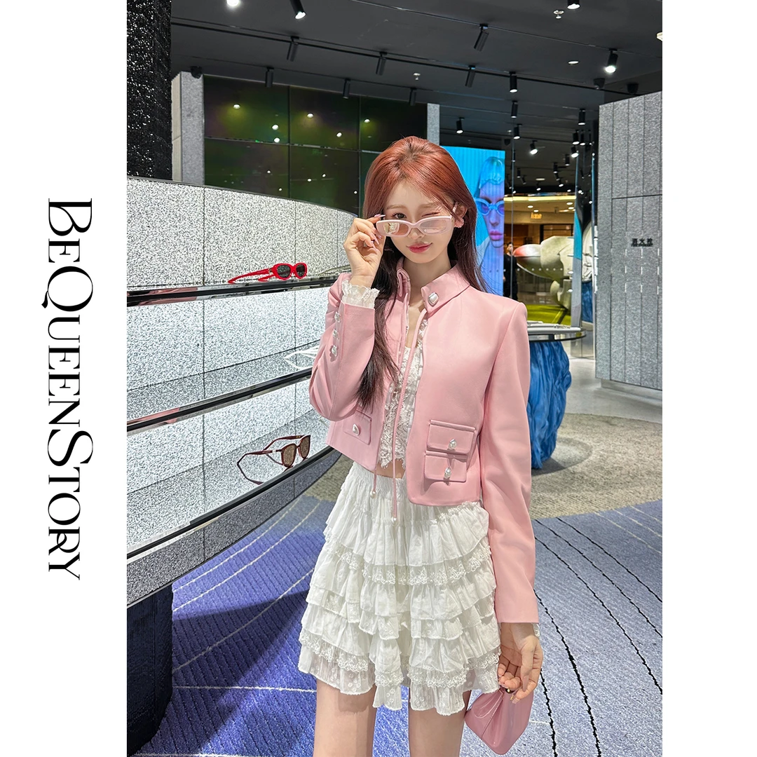 韩韩IU【甜蜜信号】轻奢高定进口绵羊皮修身翻领短款皮衣外套新款