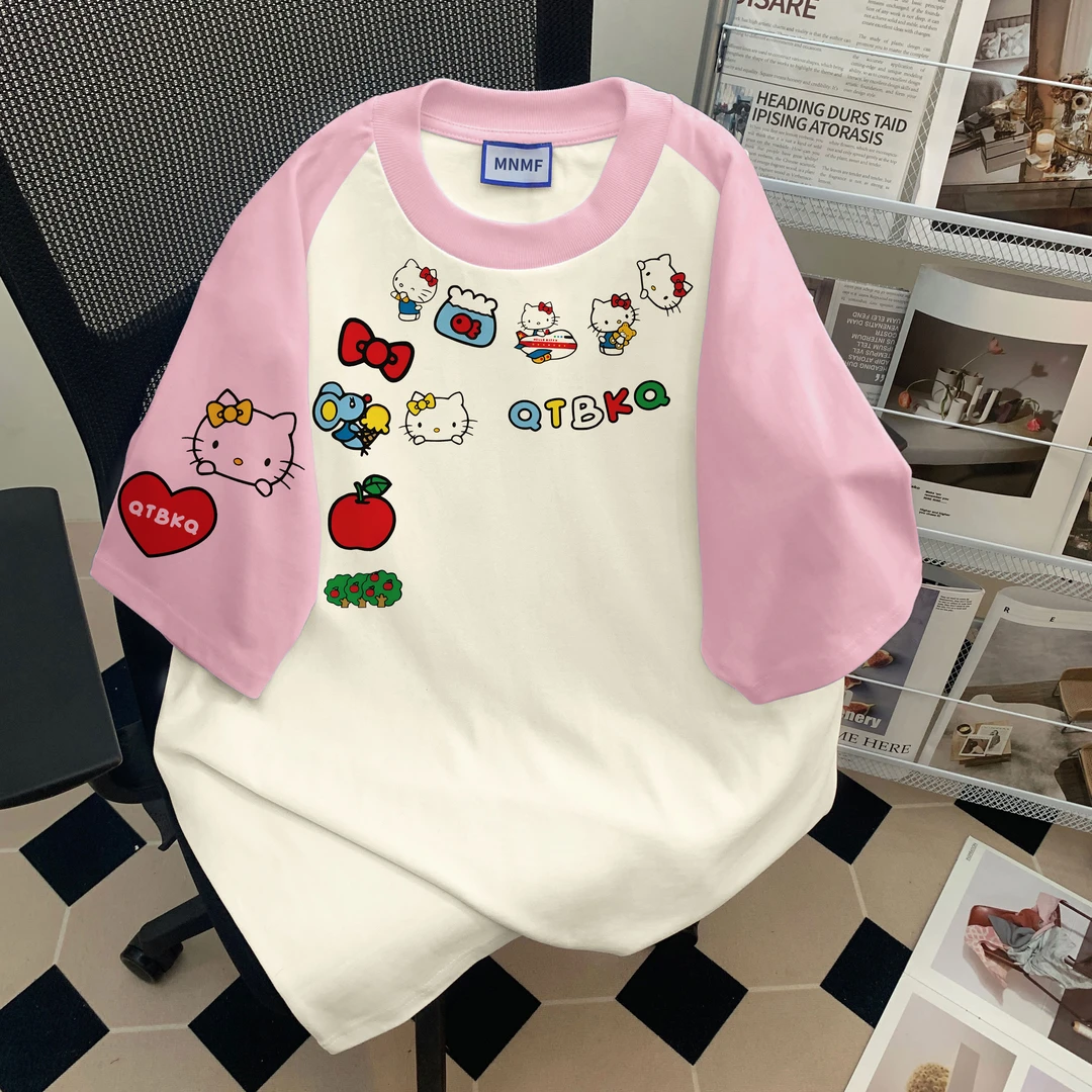 女童插肩短袖T恤趣味卡通猫咪设计感2025新款女大童休闲童装上衣