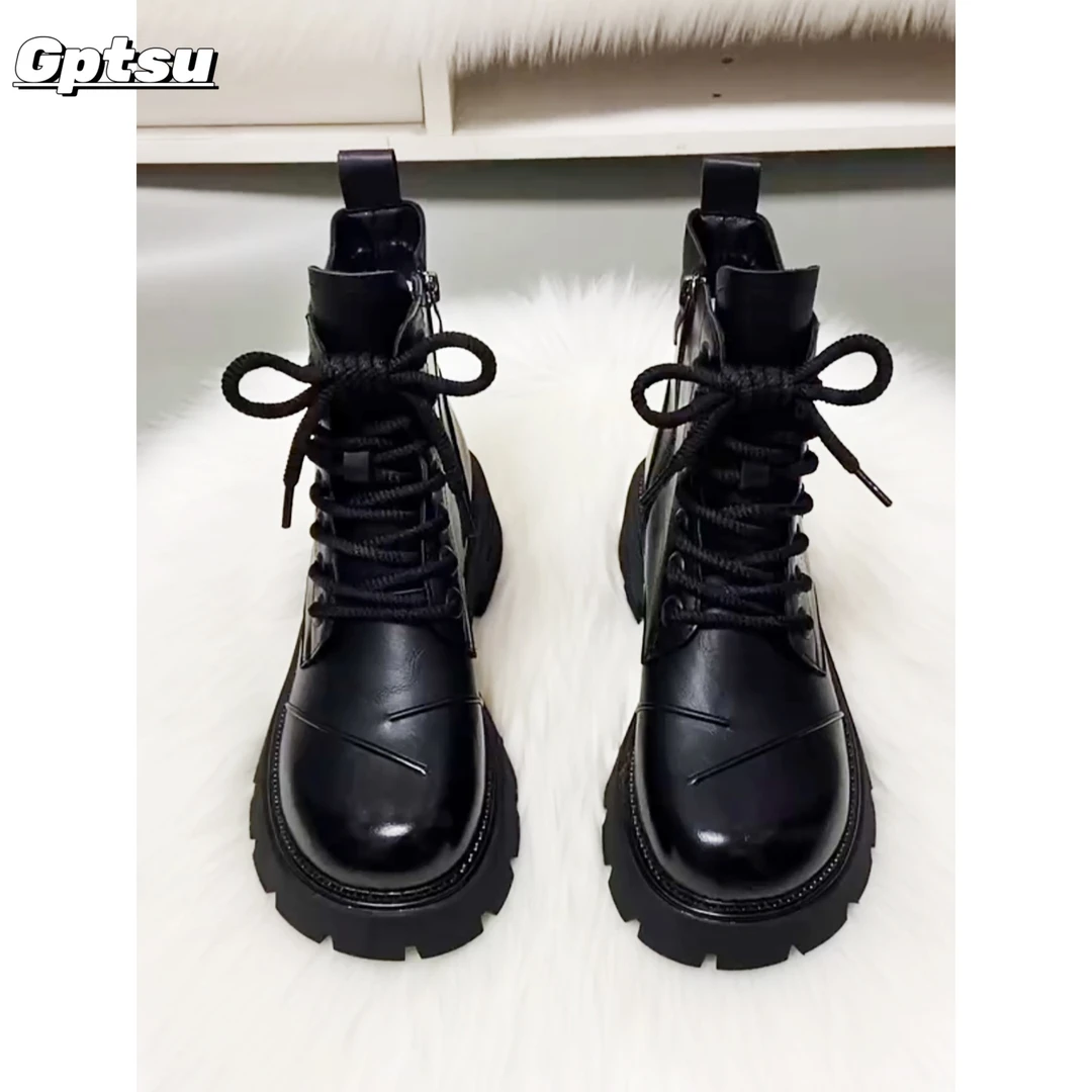 GPTSu真皮马丁靴女秋冬时尚百搭新款加绒英伦风百搭增高厚底短靴