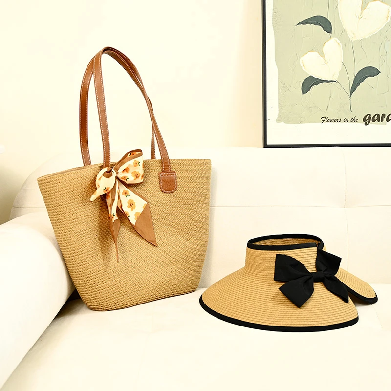 新品草编清新纯色包包大号+咖色卷帽送丝巾