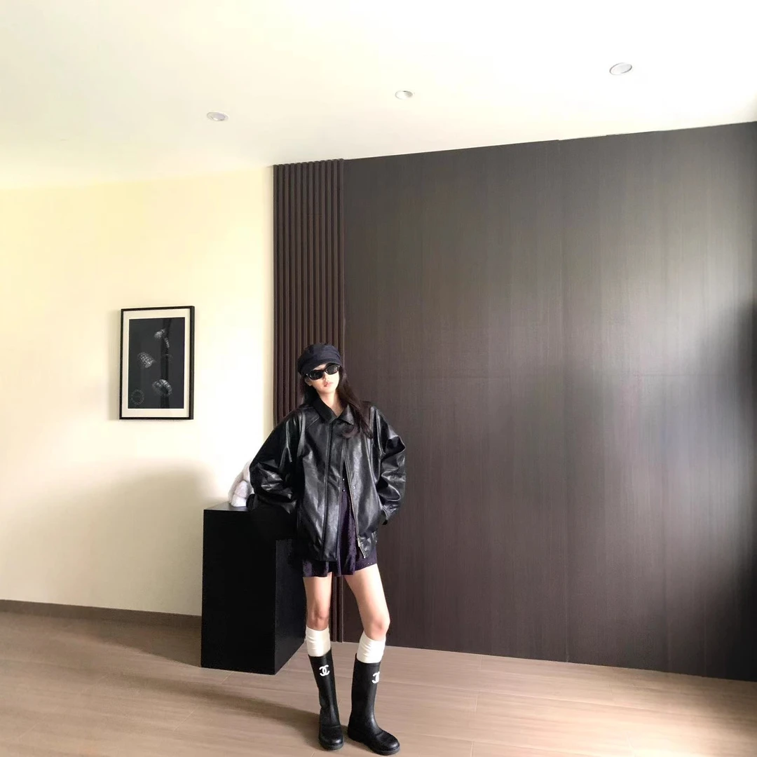 中古千金皮衣外套美式复古纯色翻领仿羊皮人造皮革外套显瘦高级感