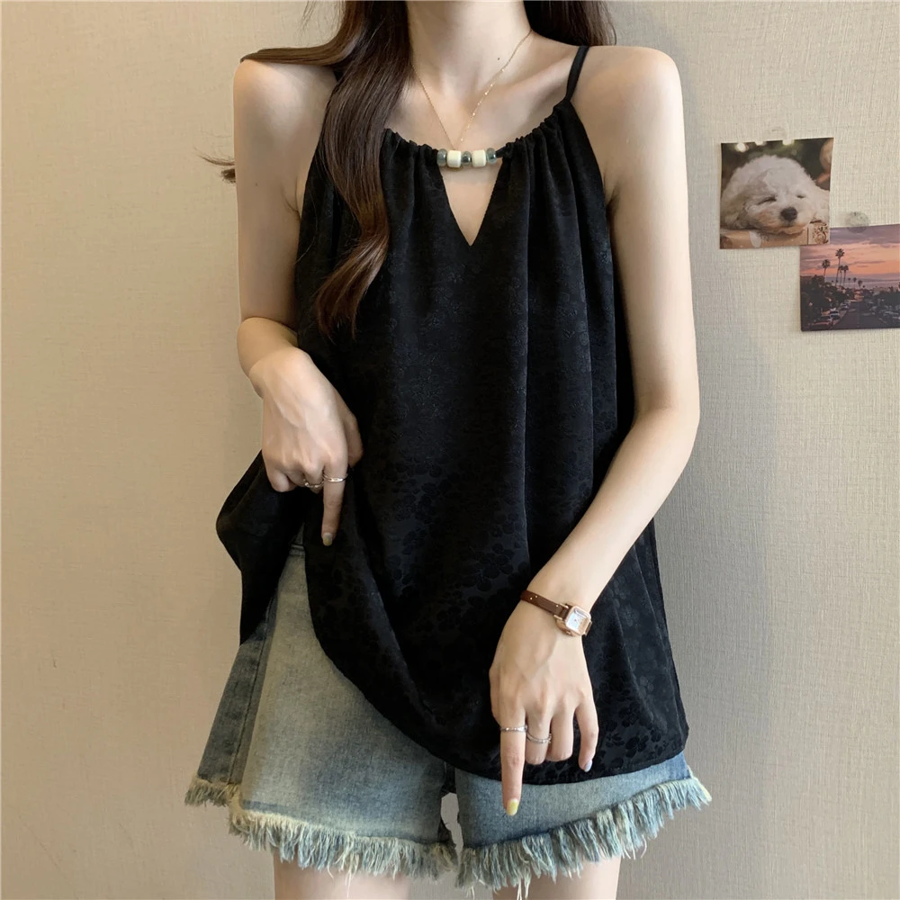 大码女装遮肚子宽松挂脖外穿背心吊带女夏季胖mm显瘦减龄雪纺上衣