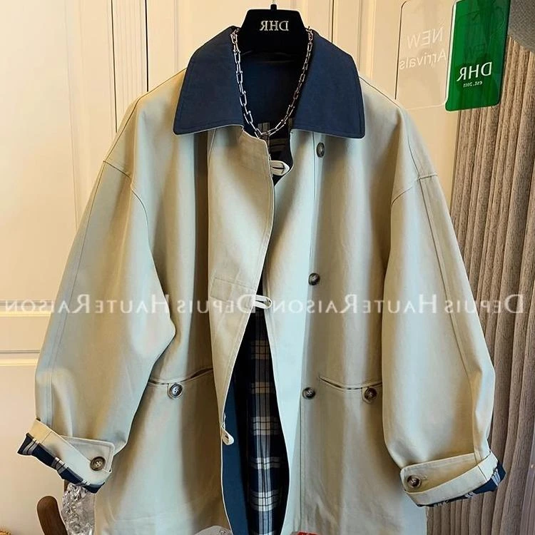 高级感法式复古撞色风衣外套中长款小个子宽松上衣女2025春秋新款