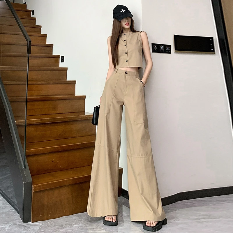 松弛感女装套装2025夏季美式辣妹休闲圆领无袖马甲工装裤两件套