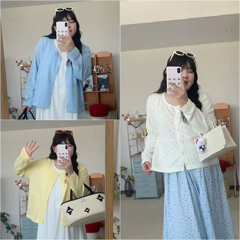 春夏大码女装新款圆领针织镂空开衫长袖 5565