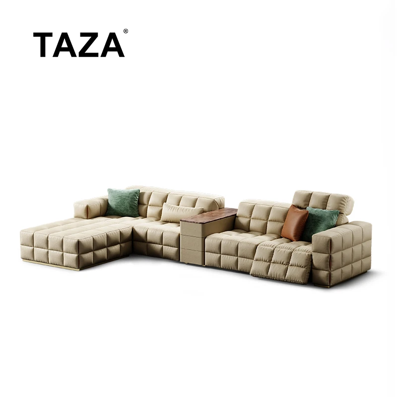 TAZA全真皮电动沙发现代别墅客厅家用四人位豆腐块皮艺贵妃位A972