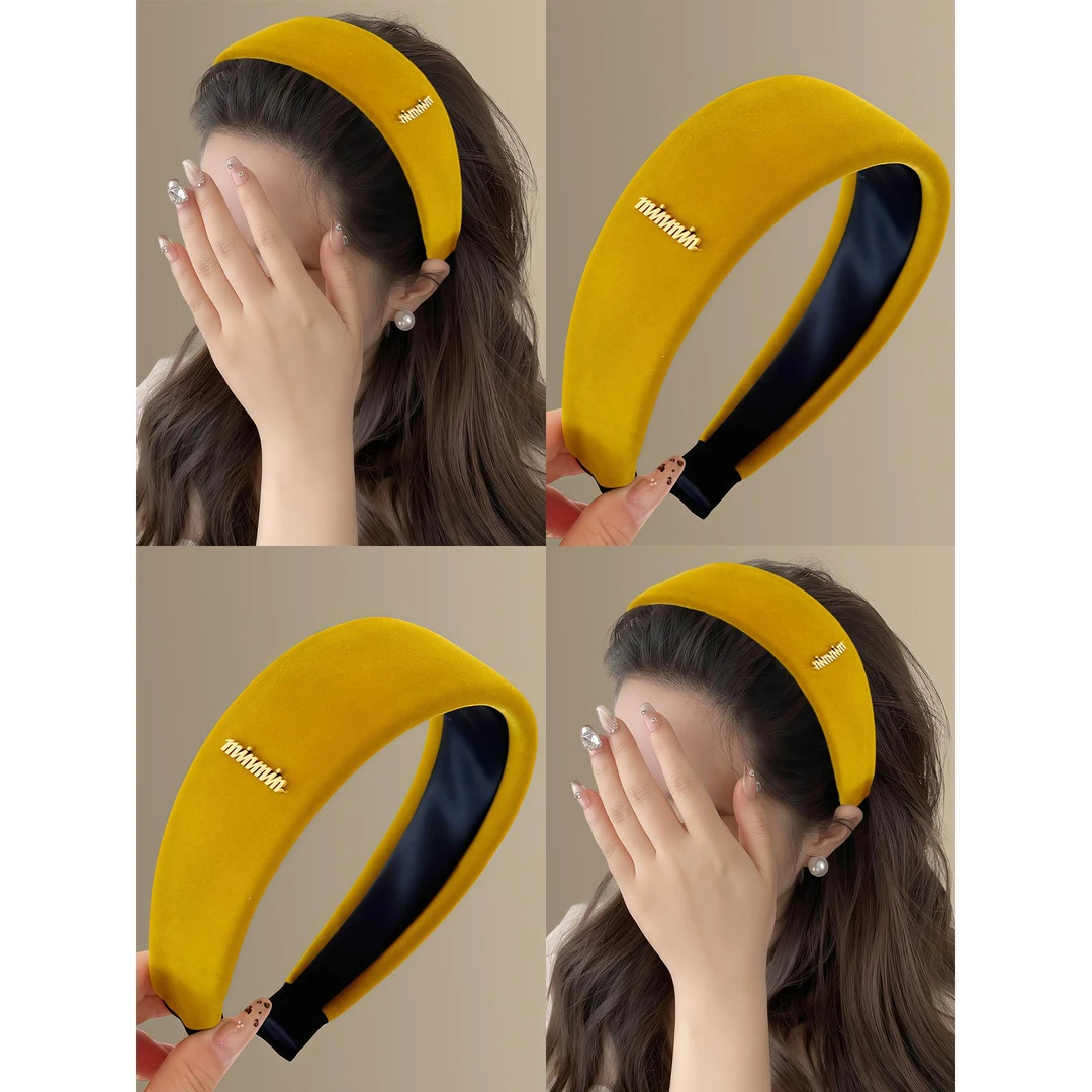 明媚黄色丝绒字母宽边发箍氛围感高颅顶压发头箍显脸小旅行卡发饰