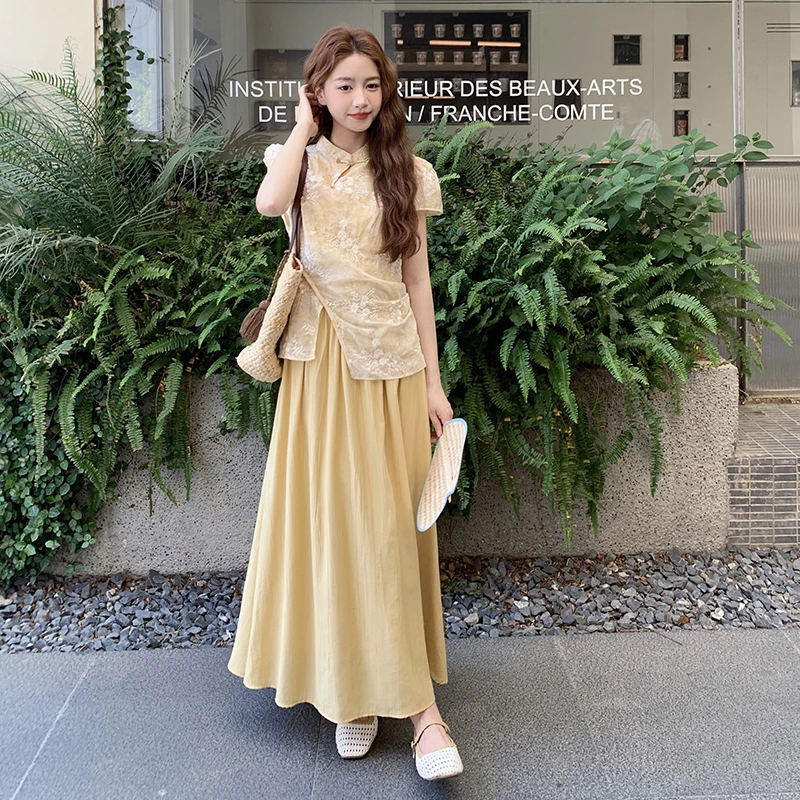 新中式国风改良旗袍连衣裙女2025夏季新款复古气质假两件刺绣长裙