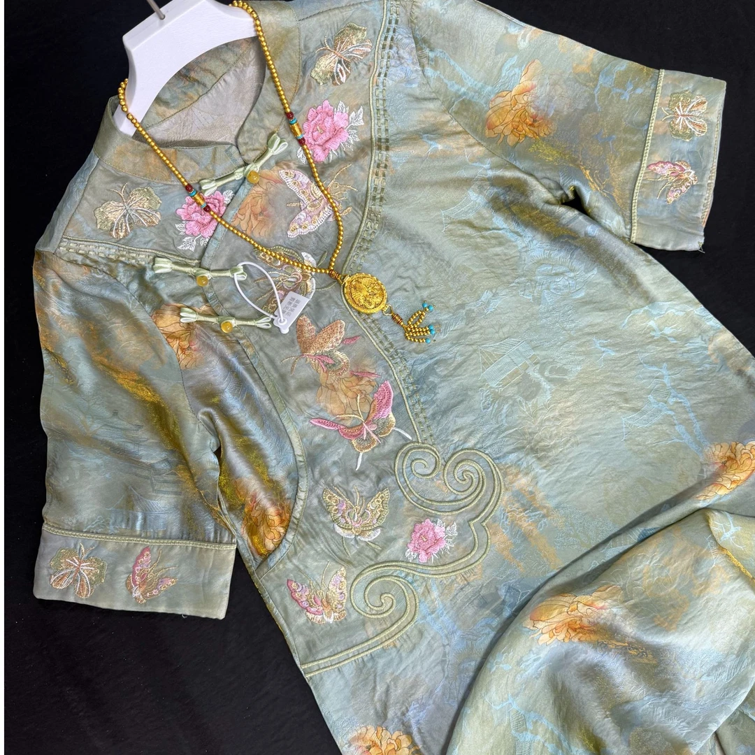 0302-常熟新中式夏季新款【亭蝶】浮光锦气质百搭休闲连衣裙