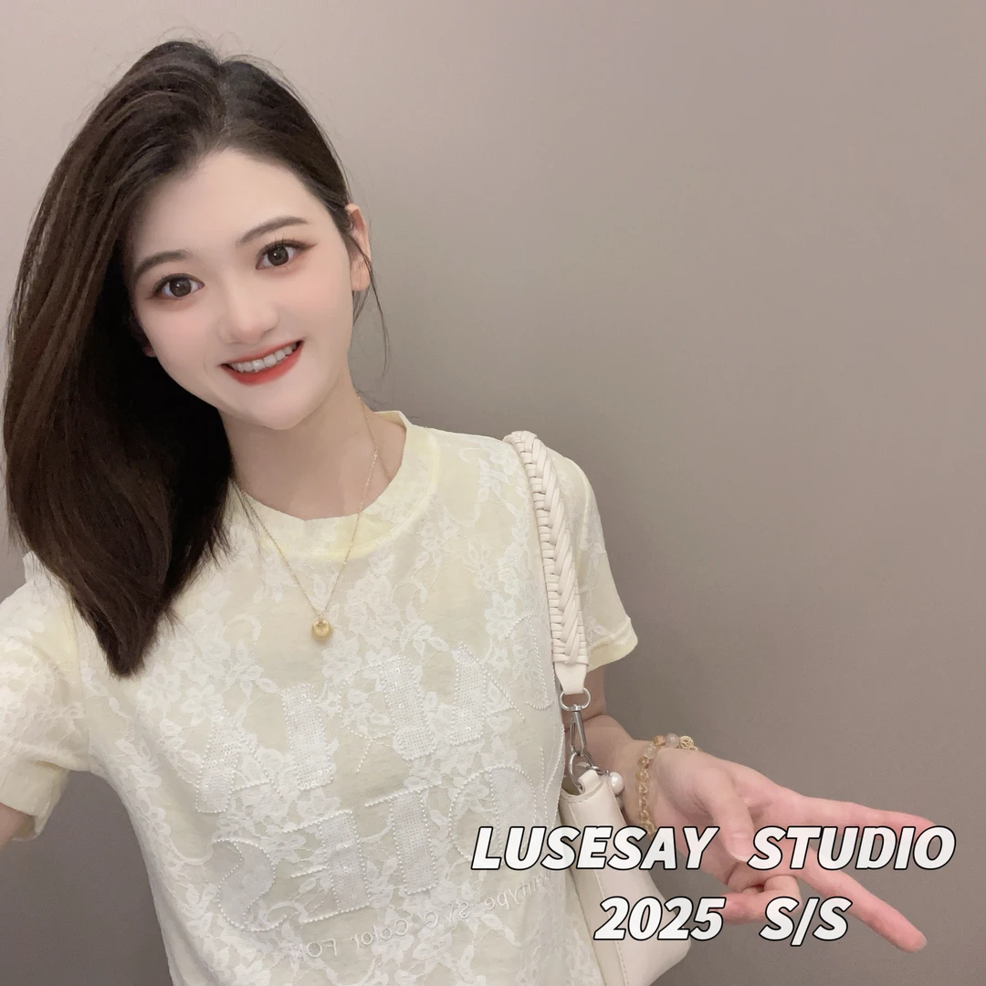 LUSESAY 蕾丝满印亮片刺绣 夏季2025新款 短袖t恤女百搭显瘦上衣