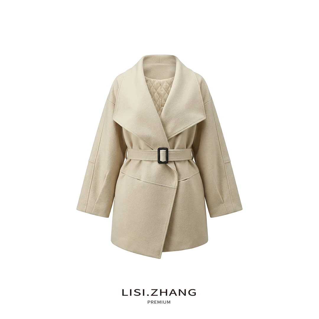 LISI.ZHANG--【大翻领毛呢外套】加棉加厚气质宽松收腰毛呢外套大衣