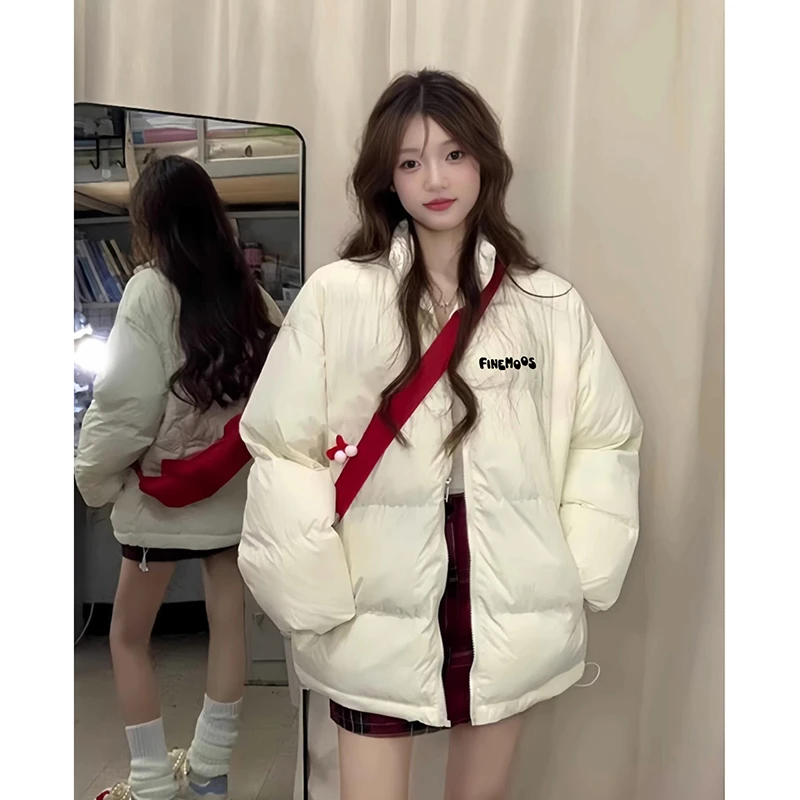 女生冬季外套新款宽松印花加厚棉服棉衣保暖立领百搭棉袄情侣上衣