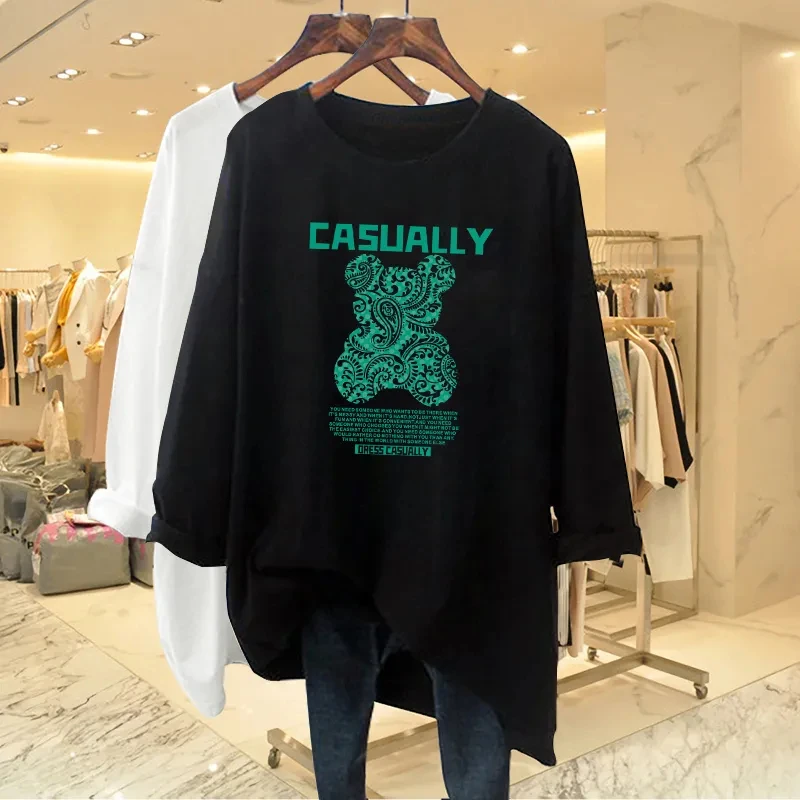 印花纯棉长袖t恤女宽松中长款黑色显瘦大码打底衫ins春秋韩版外穿