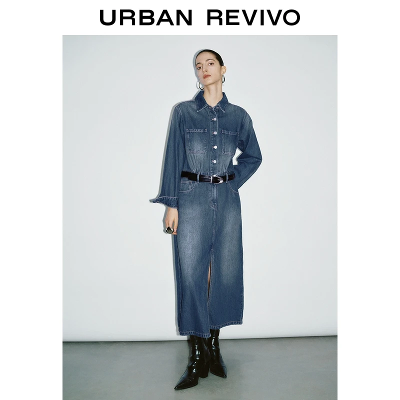 UR2025冬季新款女装复古水洗腰带后开衩牛仔连衣裙UWG850167+