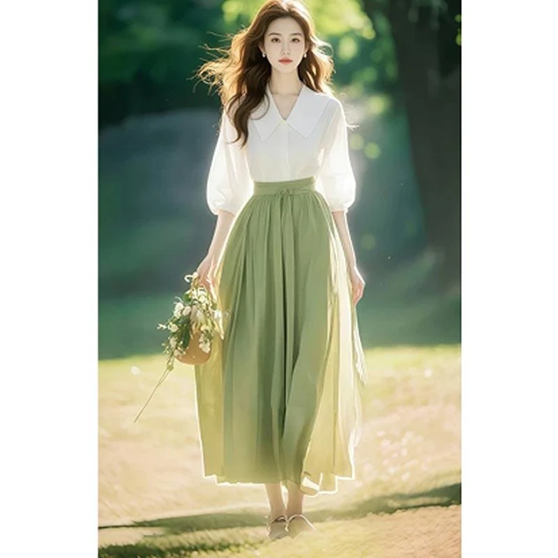 法式爆款小香风温柔系高级感白色衬衫绿色半身套装女2025春秋新款
