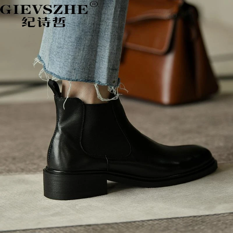 纪诗哲经典切尔西靴女款中跟黑色粗跟及踝靴女款2025流行短靴女款