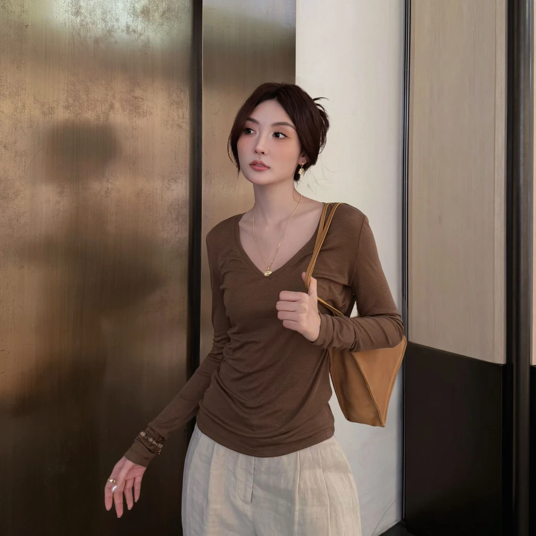 Moprobably李予诺「莱绒衫」莱赛尔+绵羊毛极简V领长袖T恤L5347011