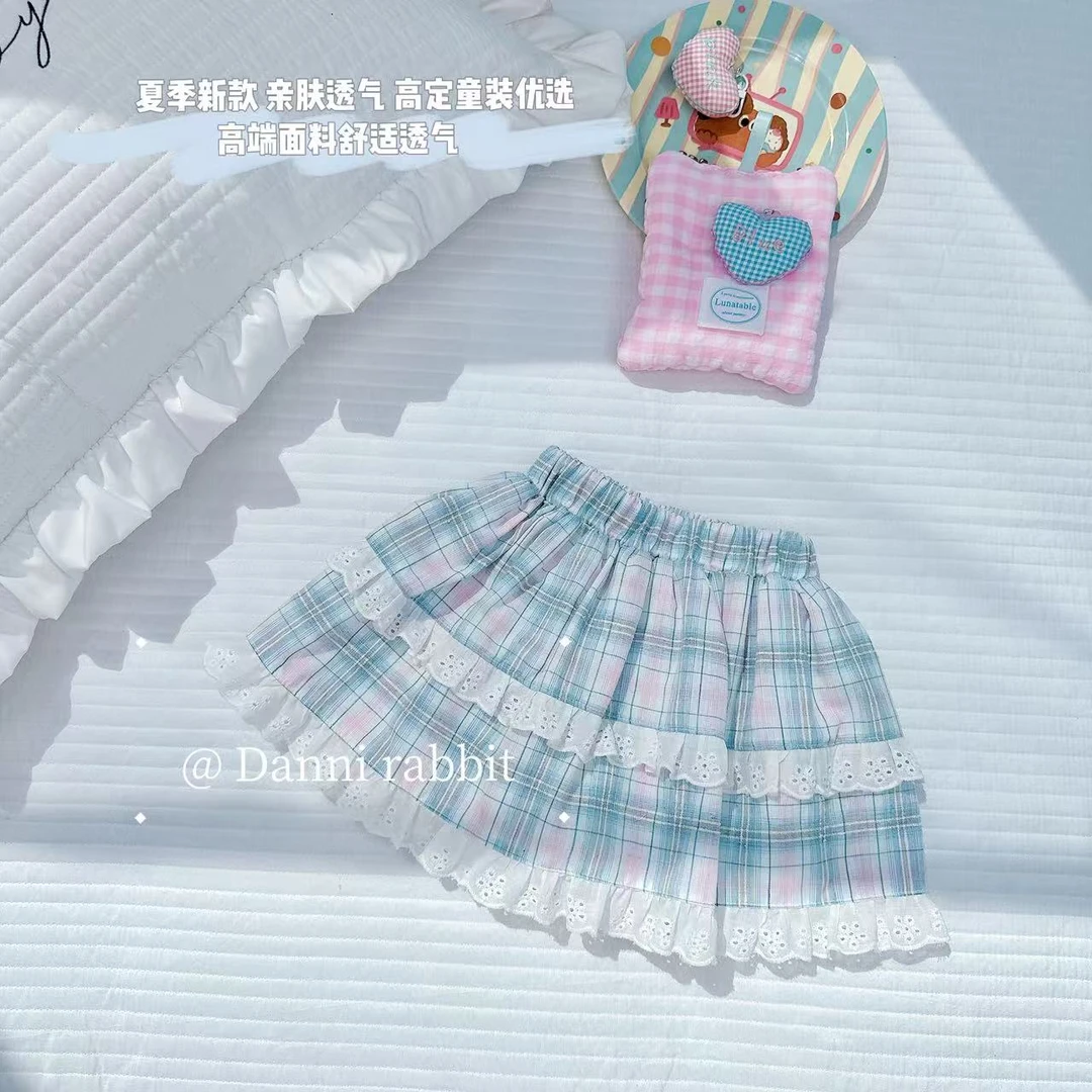 【Dannirabbit】*夏季清爽百搭蓝色格子蕾丝花边女童短裙*X-7686