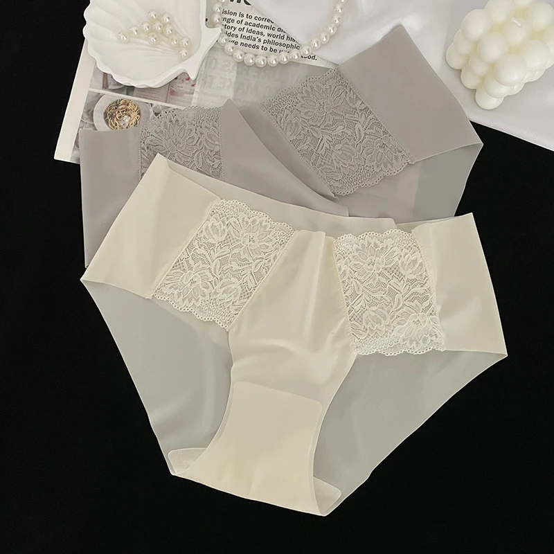3条 裸感空气~一片式无痕女士冰丝三角裤夏季薄款性感蕾丝内裤女