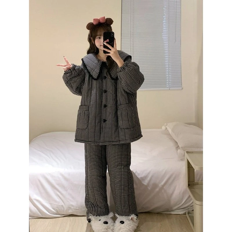 韩版格纹夹棉加厚翻领睡衣女冬季新款大码宽松舒适保暖家居服套装