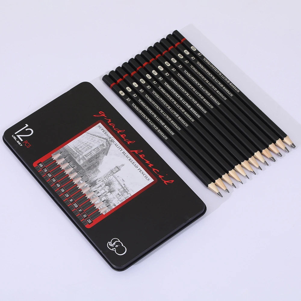 2H-8B素描铅笔铁盒装素描铅笔套装初学者写生速写素描笔