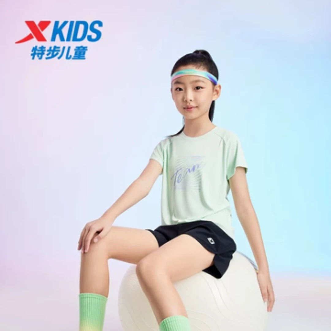 特步女童短袖上衣圆领速干休闲童装夏季9105-3