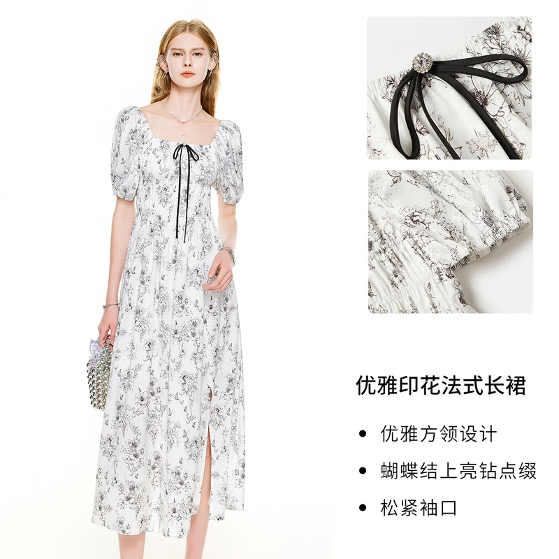 MISSCOCOON法式印花蝴蝶结泡泡袖连衣裙0209