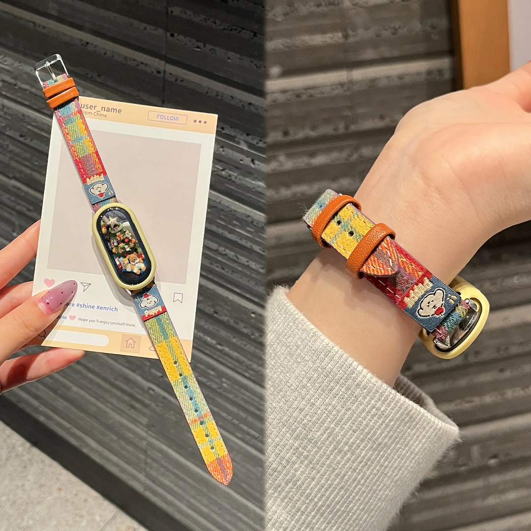 适用小米手环9表带10陶瓷版女款8nfc格纹毛呢7小狗XL秋冬运动腕带