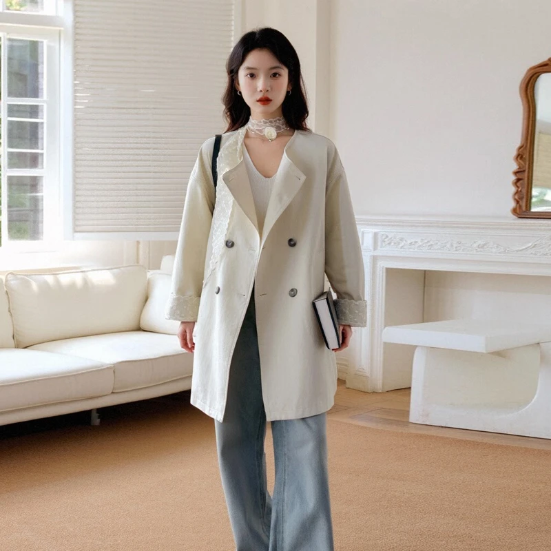 韩系名媛气质蕾丝挂脖设计感风衣外套女2025春季新款漂亮百搭大衣