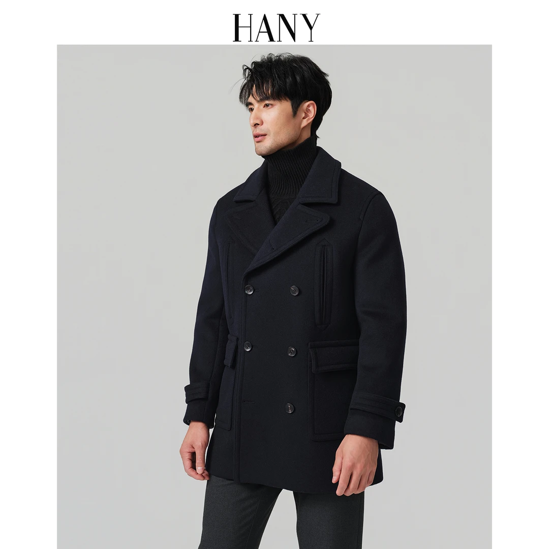 HANY[超厚100羊毛海军大衣]2025新款男士高端毛呢双排扣外套秋冬