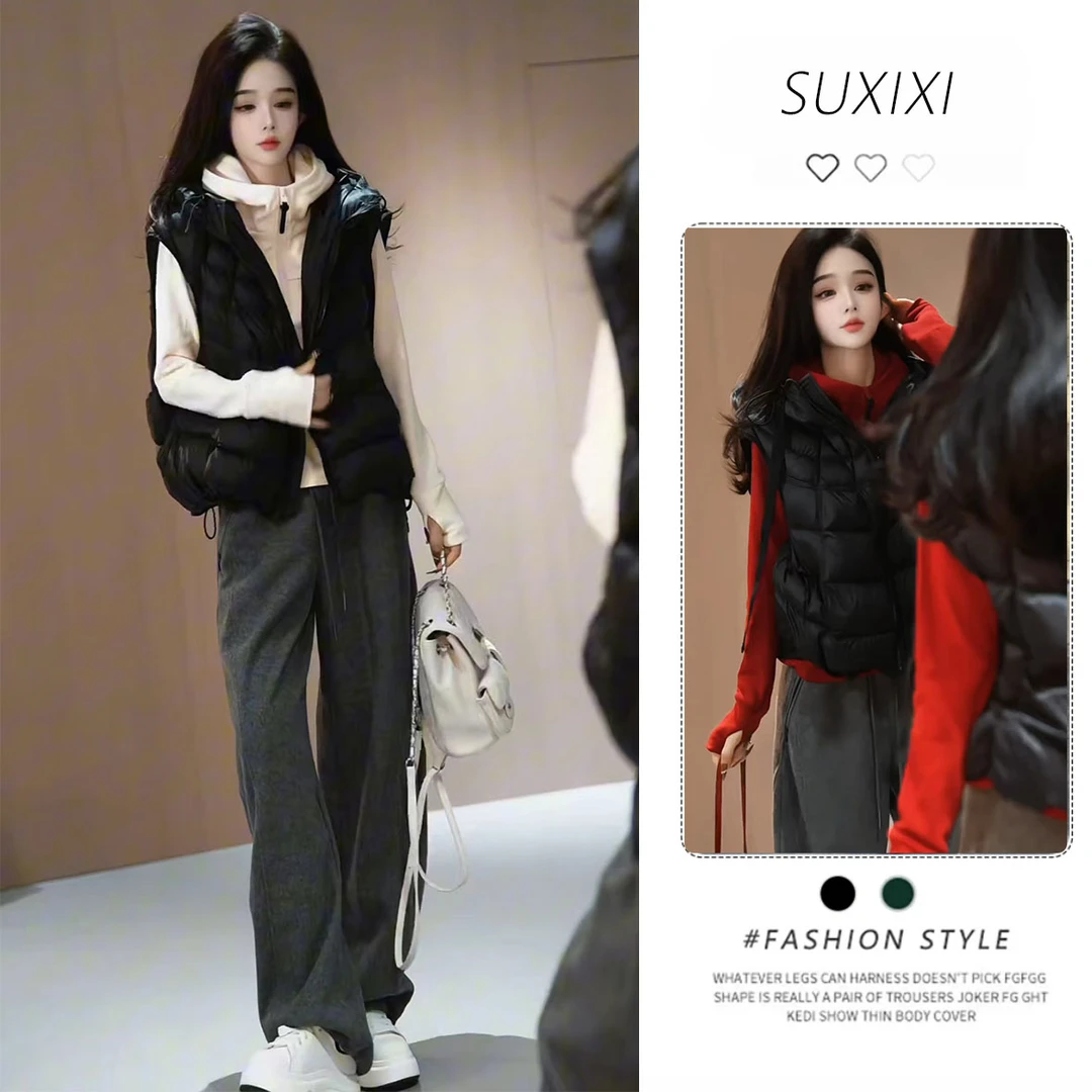今年流行穿搭一整套女新款2025早秋长袖连帽卫衣马甲裤子三件套