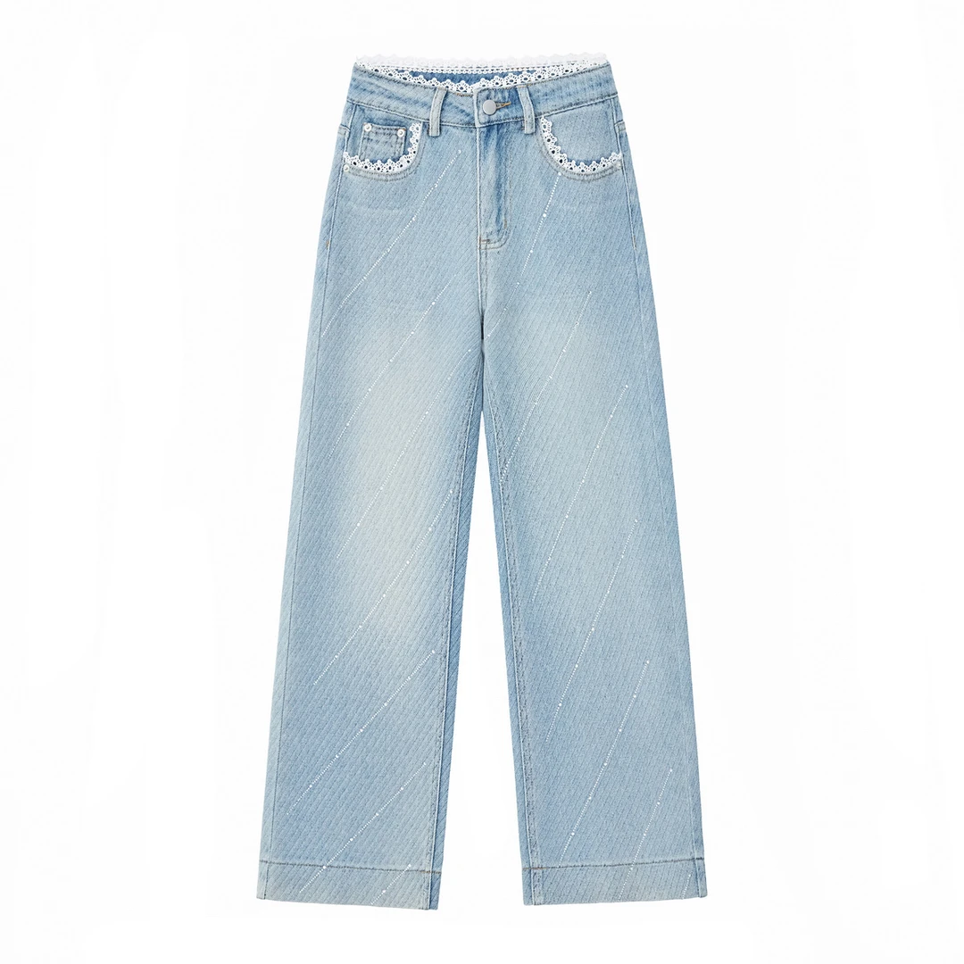 满天星蕾丝拼接直筒牛仔裤女小个子宽松显瘦2025夏新款高腰阔腿裤