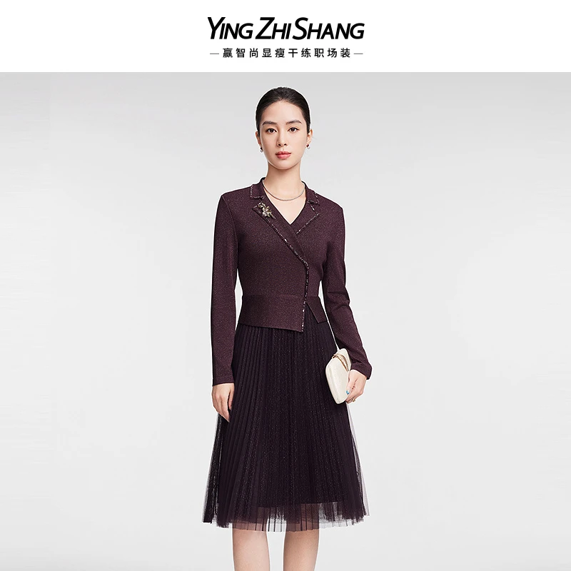 赢智尚2025春季新款美拉德风显瘦气质优雅针织网纱连衣裙ZF03205