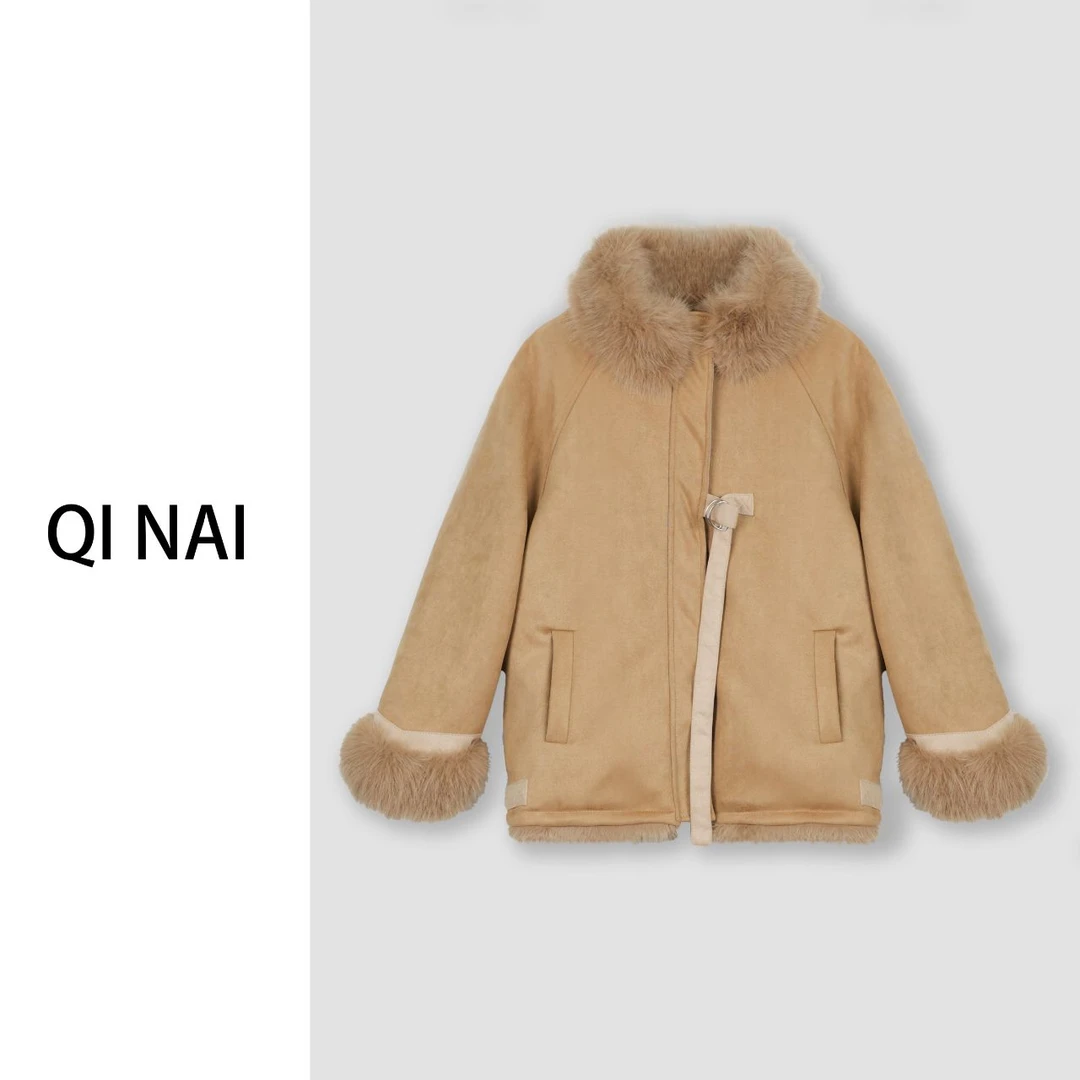 七奈推荐【安妮心事】麂皮绒拼接毛毛外套QN12181