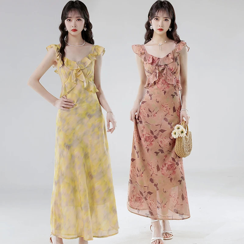 度假风气质法式碎花连衣裙女夏2025新款荷叶边拼接长款过膝连身裙