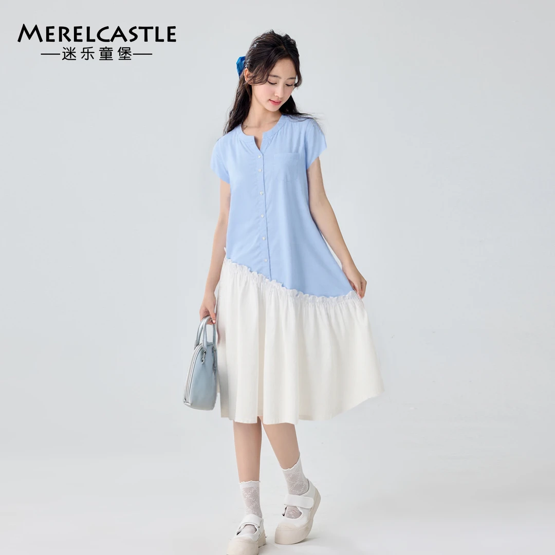 C5470女童连衣裙夏季2025新款初中生女孩裙子大童假两件棉布裙