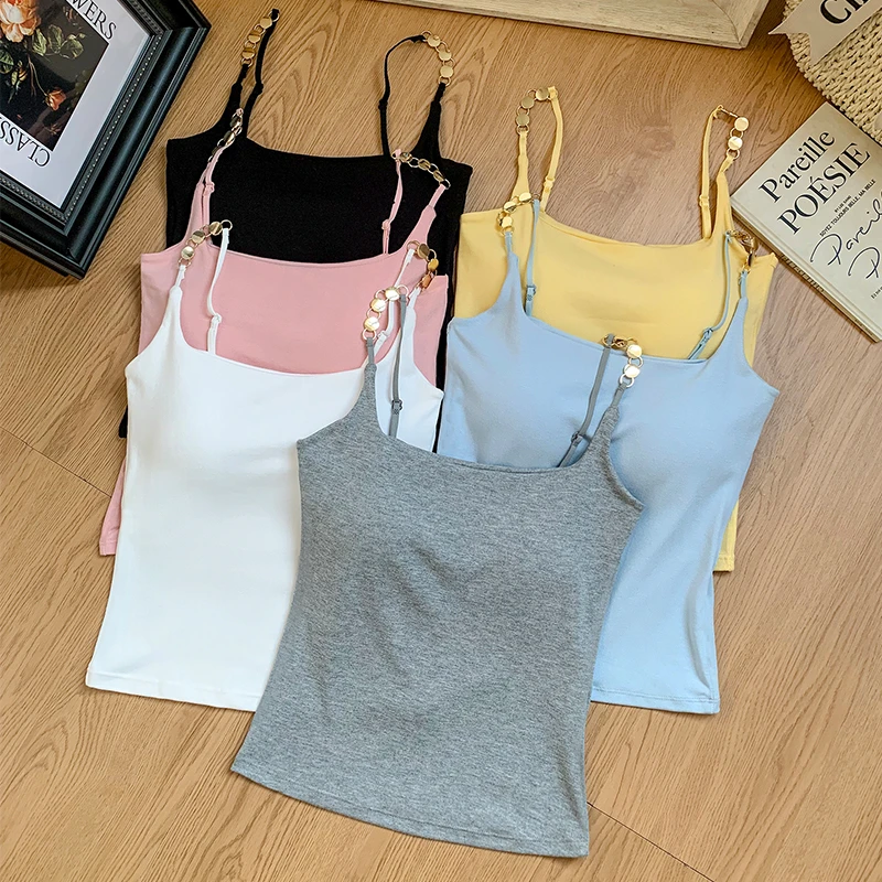 夏日纯欲辣妹小吊带多巴胺内搭带胸垫外穿设计感褶皱背心女上衣