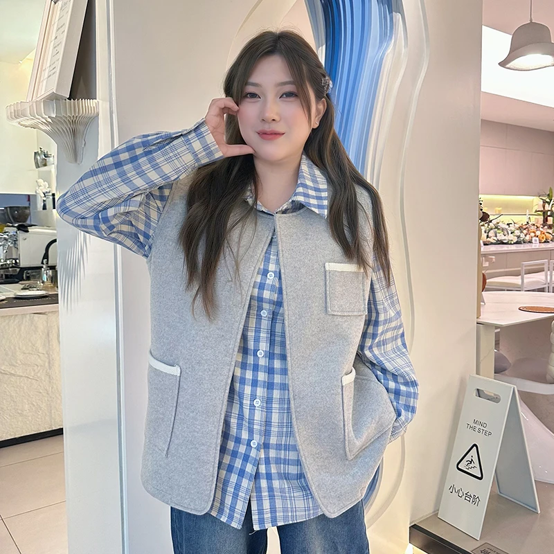 【鱼白专属】大码设计感格纹长袖衬衫灰色无袖马甲套装韩版百搭5995
