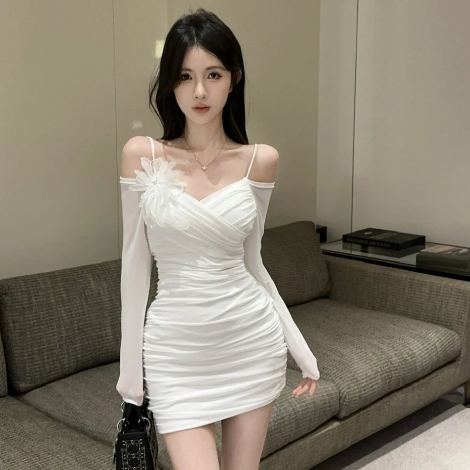 纯欲性感露肩花朵拼接长袖连衣裙裙子气质名媛修身显瘦包臀短裙