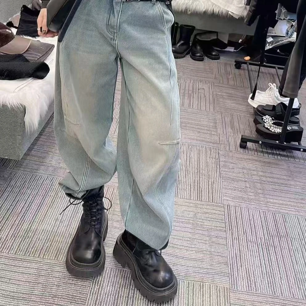 怀旧蓝加绒弯刀牛仔裤