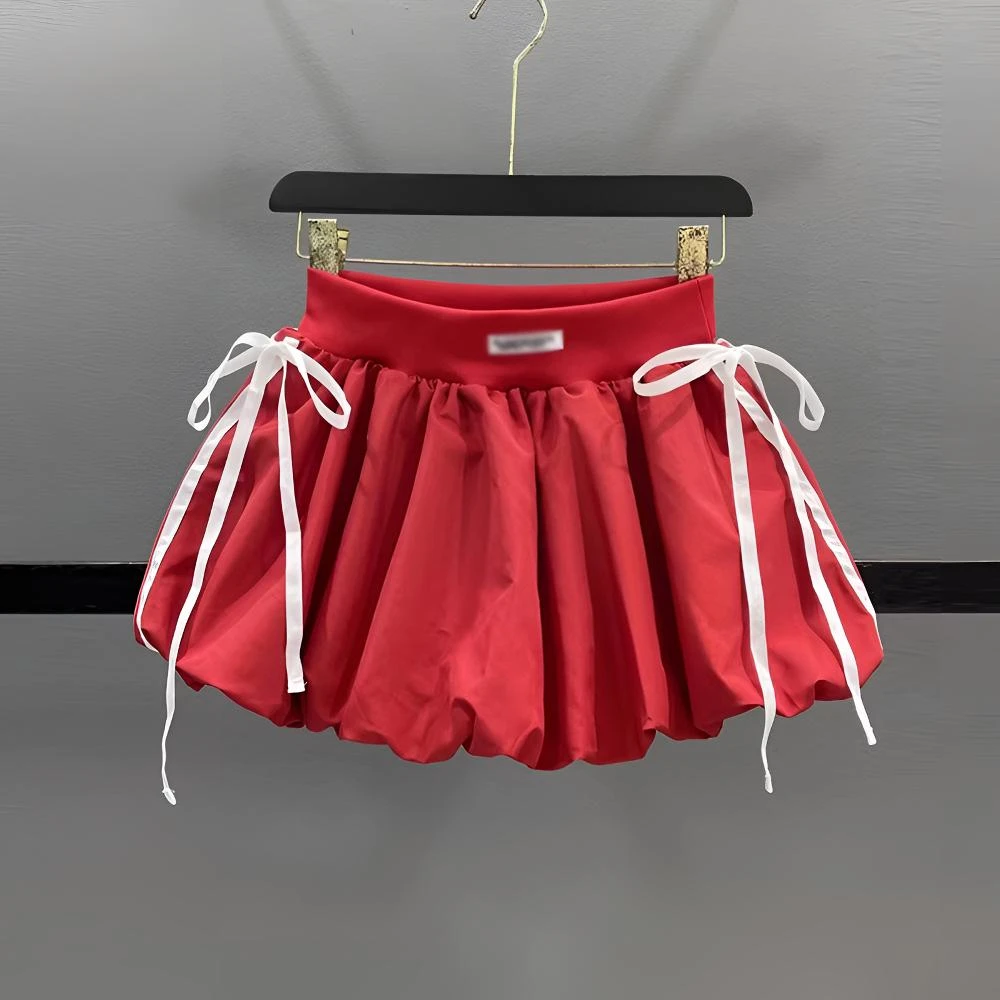 美式辣妹纯色花苞短裙女2025夏季蝴蝶结甜美显瘦A字蓬蓬裙半身裙