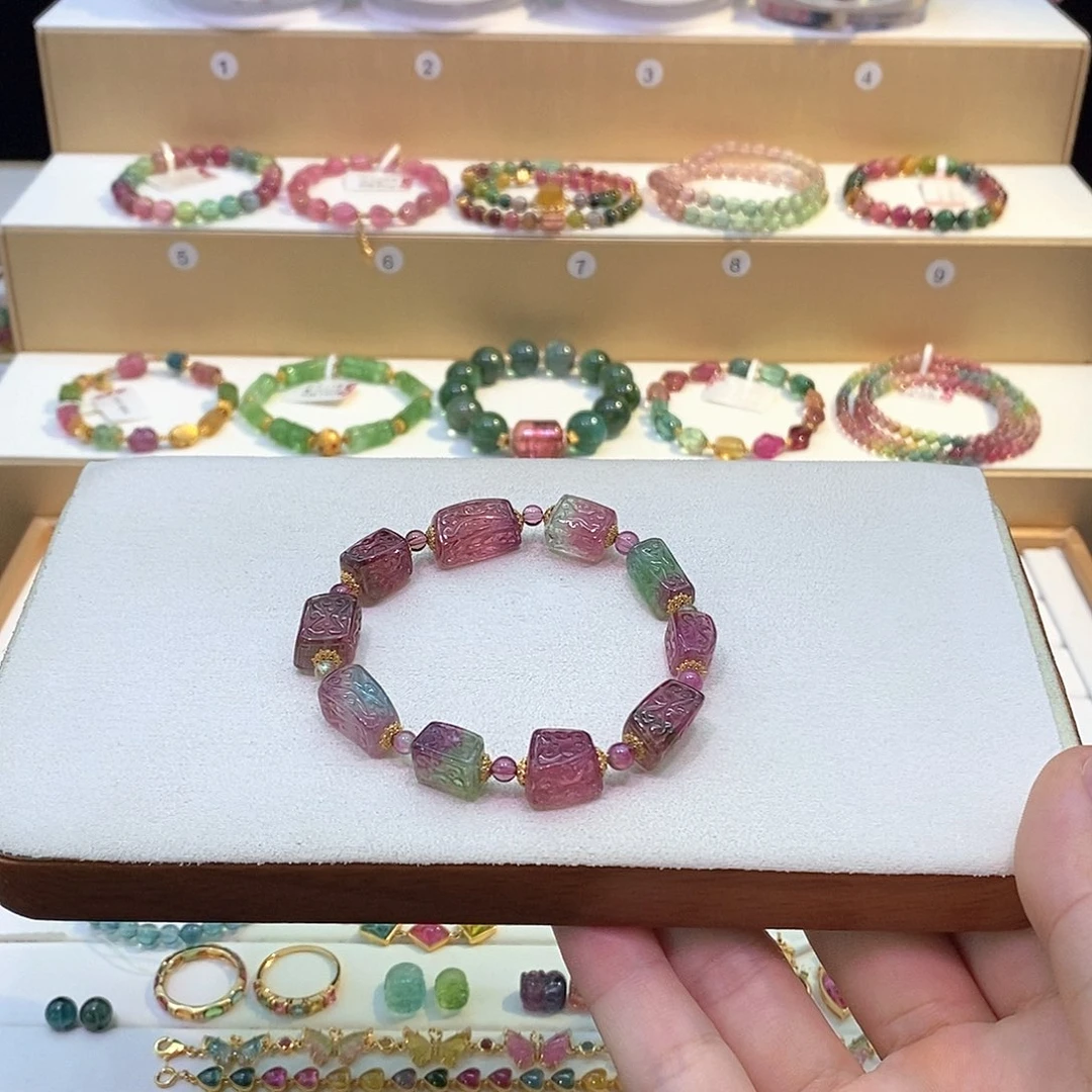 未镶嵌碧玺西瓜方糖回纹珠单圈