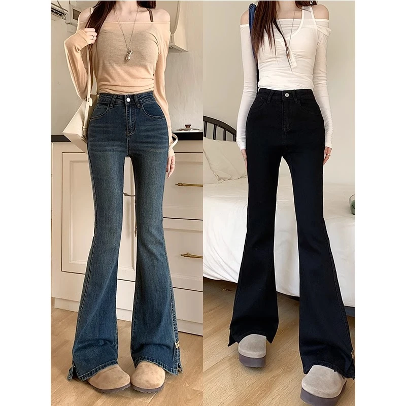 大码微喇复古蓝牛仔裤2025早秋新款高腰弹力显瘦设计感开叉喇叭裤