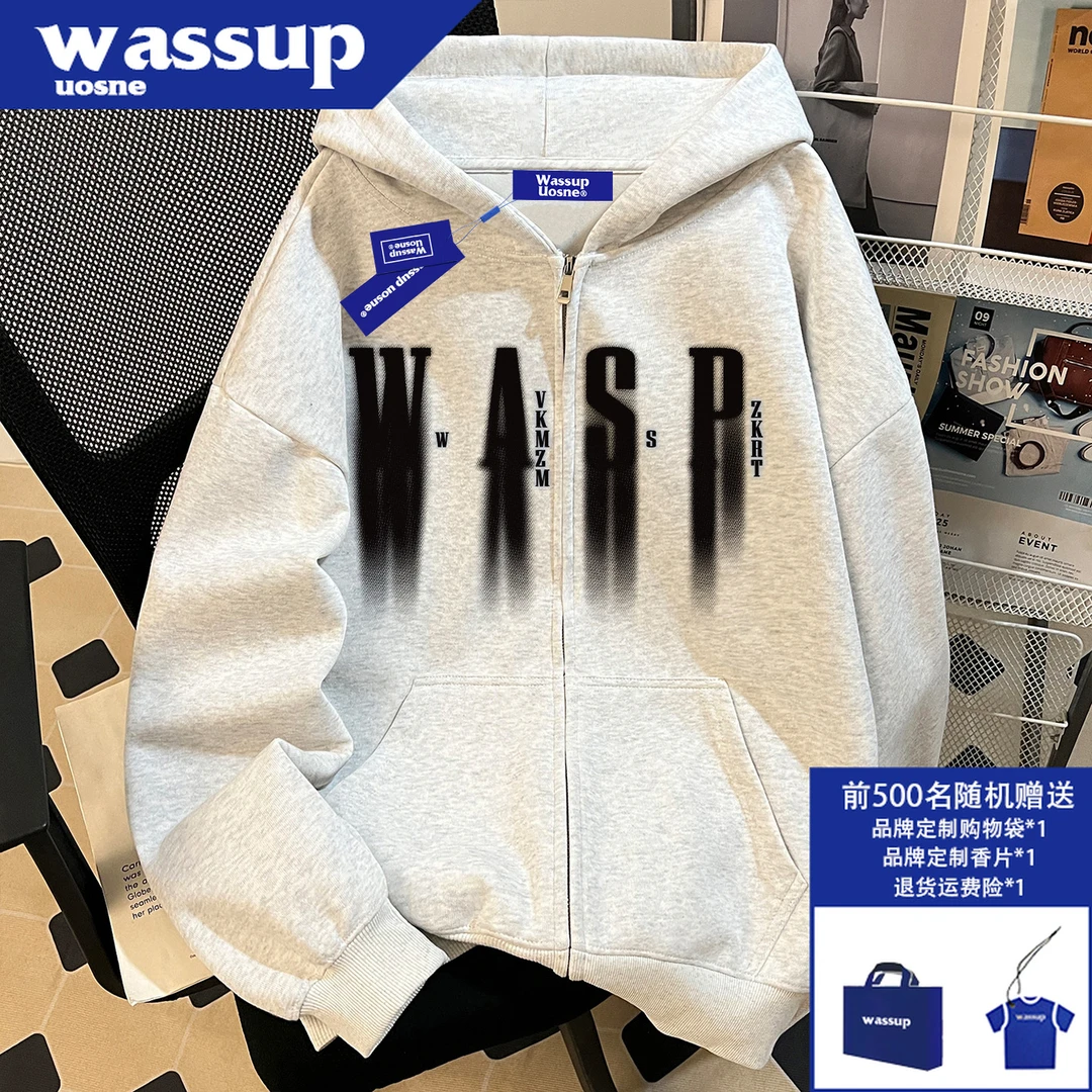 WASSUP UOSNE美式廓形开衫外套男生秋季boxy短宽直喷印花连帽卫衣