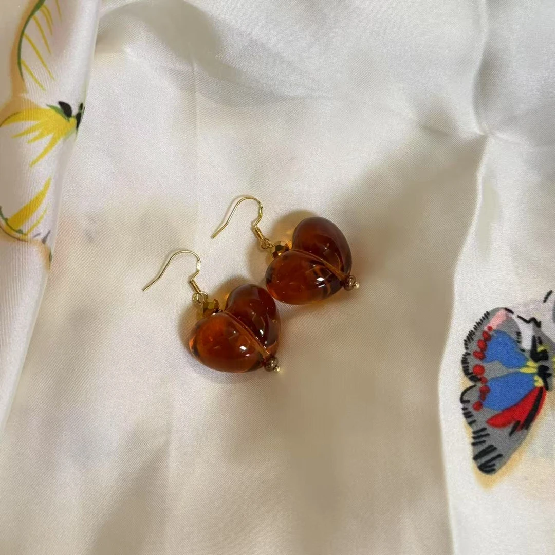 合金琉璃耳饰 LZ3969-3 琥珀色屁桃台湾老师琉璃耳环