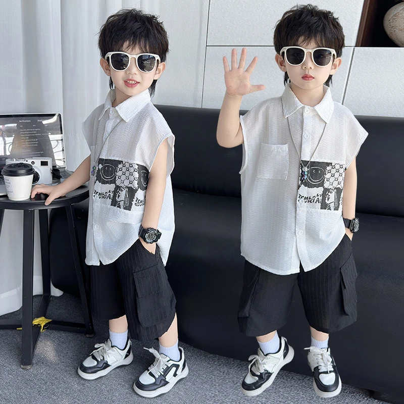 儿童套装男童夏装韩版新款洋气时髦宝宝无袖衬衫潮帅气男孩两件套