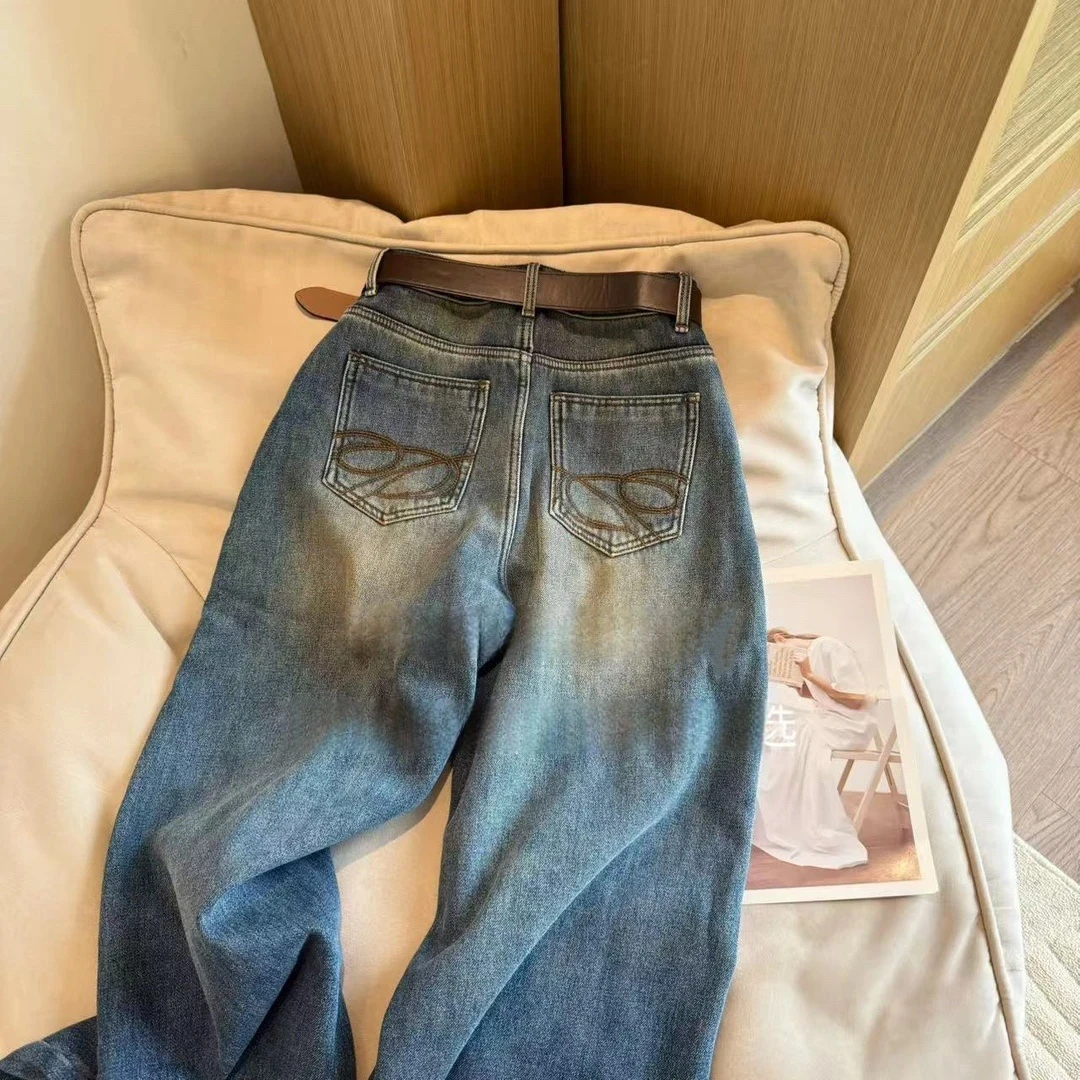 【姿姐优选】【送腰带】加绒显瘦阔腿裤冬季高腰宽松牛仔裤女7695 Q