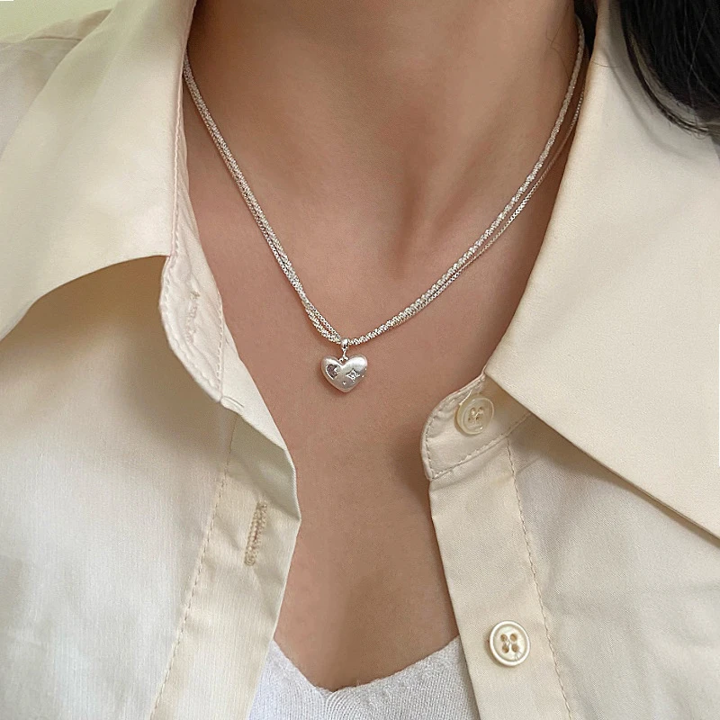 铜合金项链 拉丝银色镂空爱心项链女个性小众设计感百搭锁骨链